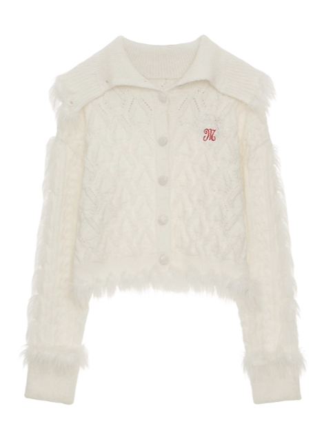 MAMC - High-Neck Fuzzy Patch Knit Cardigan – Pink/ White WE504