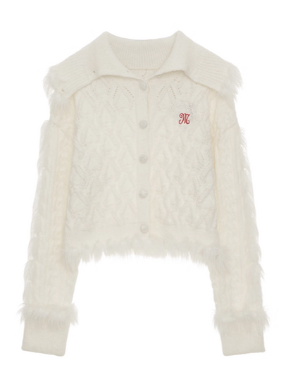 MAMC - High-Neck Fuzzy Patch Knit Cardigan – Pink/ White WE504