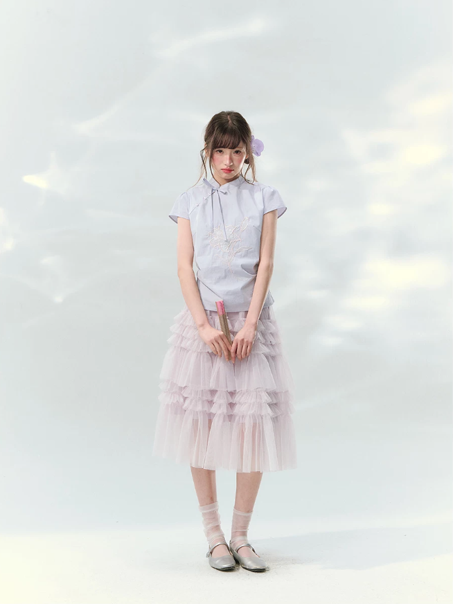 “Taro Peach Layers” Dusty Lilac Tiered Tulle Midi Skirt