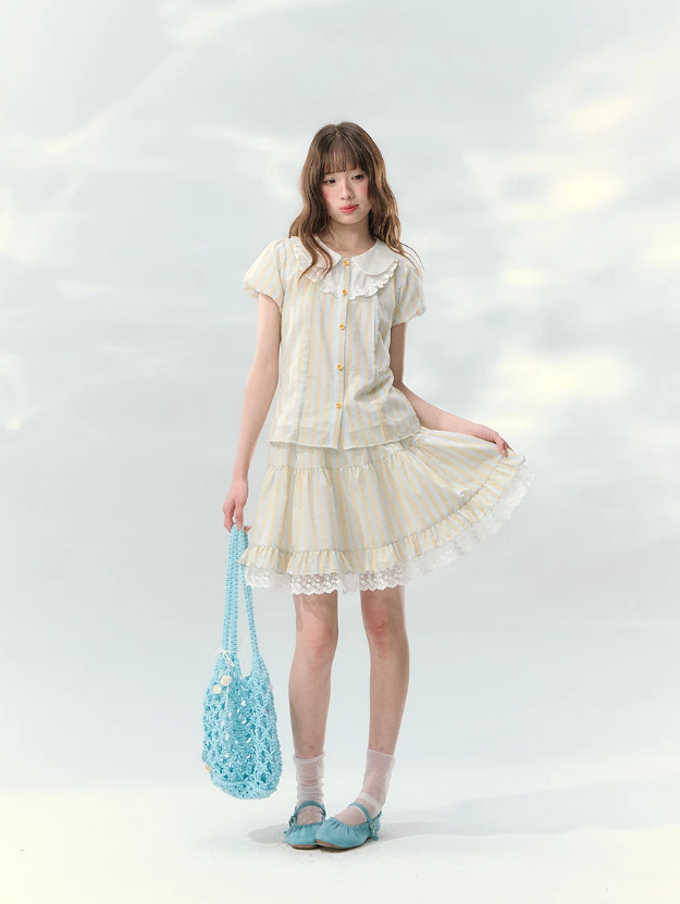 “Spring Lemon Breeze” Milk Blue Striped Shirt & Tiered Mini Skirt Set
