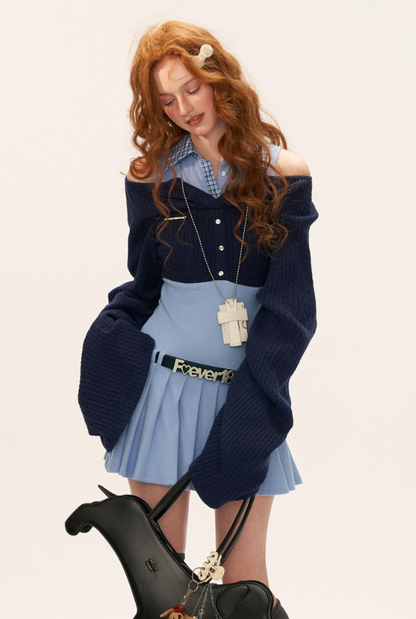 Blue Layered Collar Waist-Cinch Shirt Dress