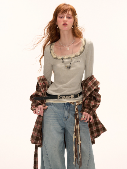 MAMC - Layered Lace Trim Long Sleeve T-Shirt (Gray)