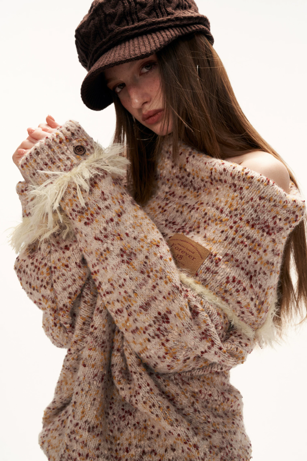 MAMC - Beige Slouchy Textured Off-Shoulder Turtleneck Sweater