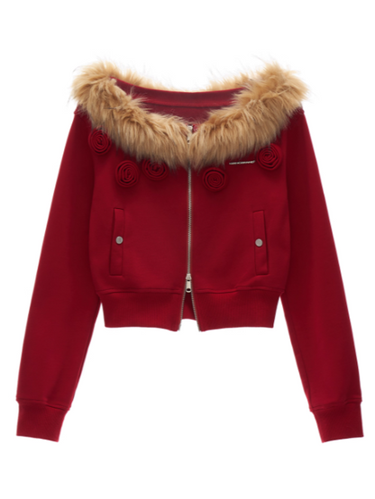 MAMC - Asymmetrical Shoulder Detachable Fur Collar Floral Jacket WE762 - RED