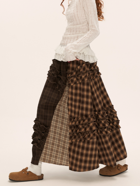 MAMC - Brown Patchwork Plaid Layered Midi Skirt WE738