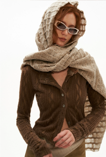 MAMC - Textured Wave Knit Scarf Shawl (Khaki / Gray)