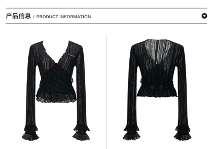 MAMC - Black Wool-Blend Lace Wrap Cardigan with Ruffle Sleeves