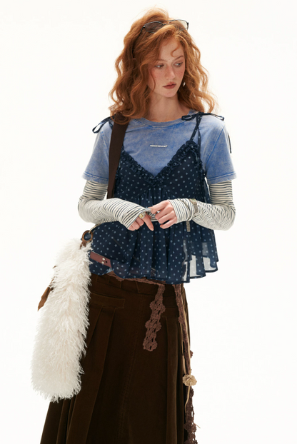 MAMC - Vintage Blue Faux-Layered Star Print Cami & Long-Sleeve Top