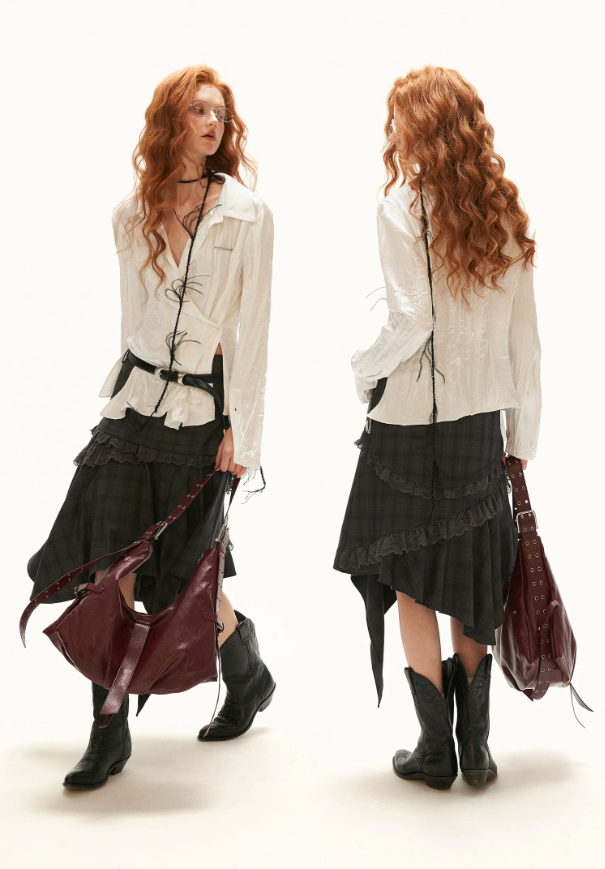 MAMC - White Textured Pleated Irregular-Collar Long Sleeve Shirt