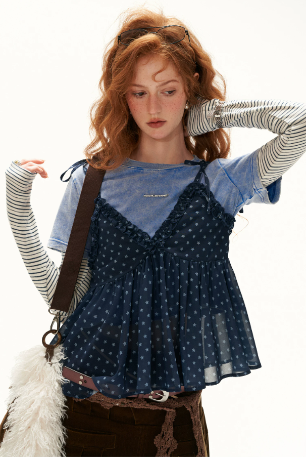 MAMC - Vintage Blue Faux-Layered Star Print Cami & Long-Sleeve Top