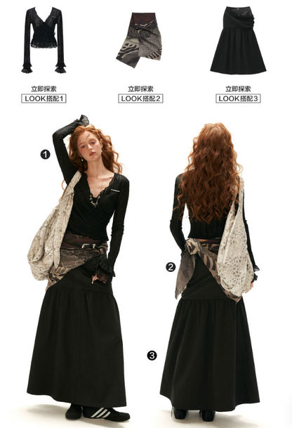 MAMC - Black Wool-Blend Lace Wrap Cardigan with Ruffle Sleeves
