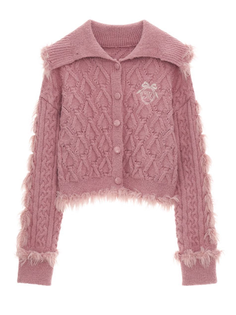 MAMC - High-Neck Fuzzy Patch Knit Cardigan – Pink/ White WE504