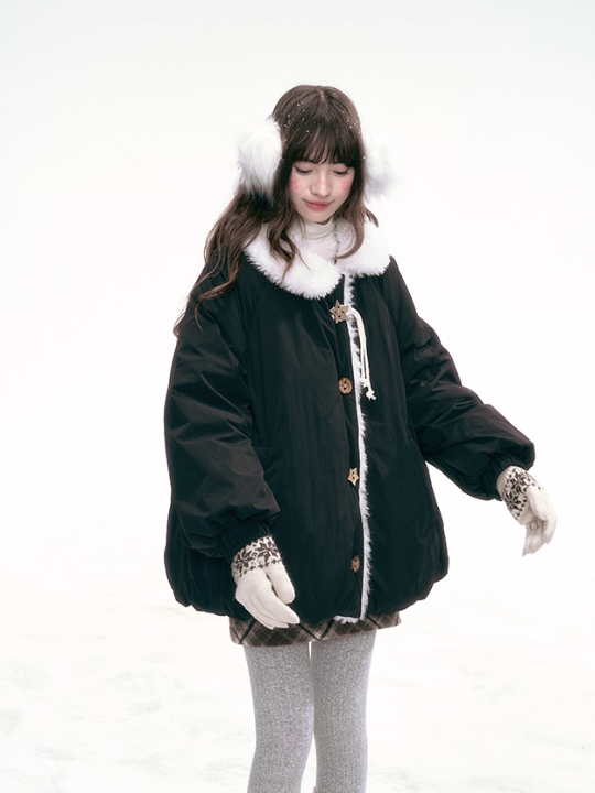 '绒间星轨' Puffer Jacket with Faux Fur Collar – Black LL2025264