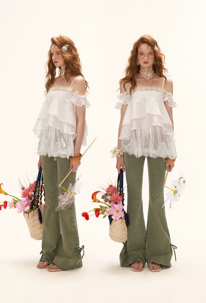 White Lace Ruffle Cami & Eyelet Maxi Skirt Set  WE991