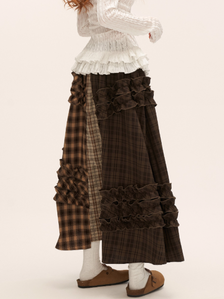 MAMC - Brown Patchwork Plaid Layered Midi Skirt WE738