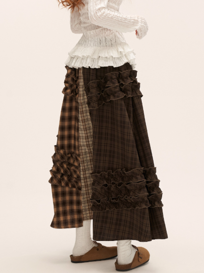 MAMC - Brown Patchwork Plaid Layered Midi Skirt WE738