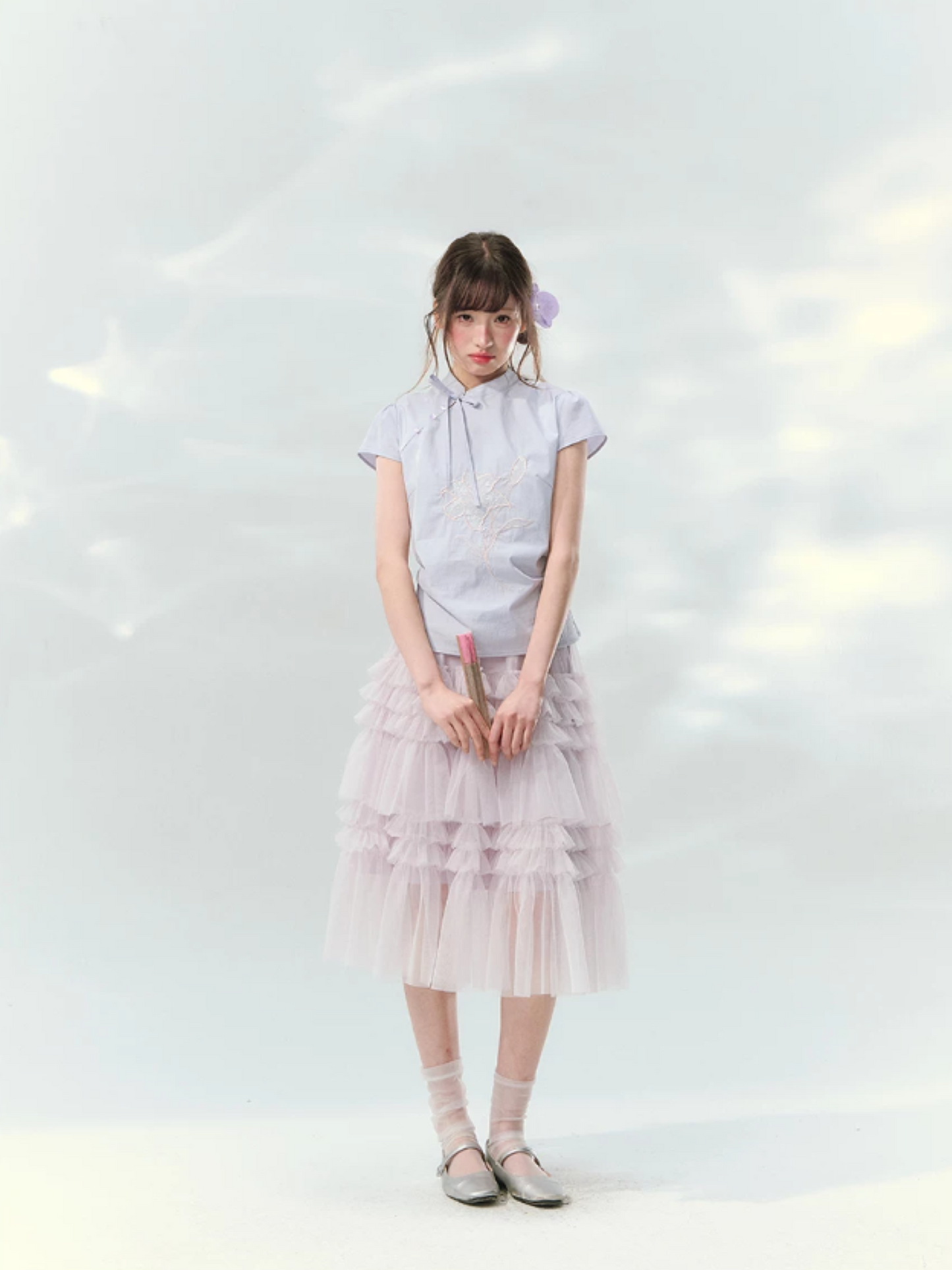 “Lilac Embroidered Whisper” Orchid Purple Mandarin Collar Blouse