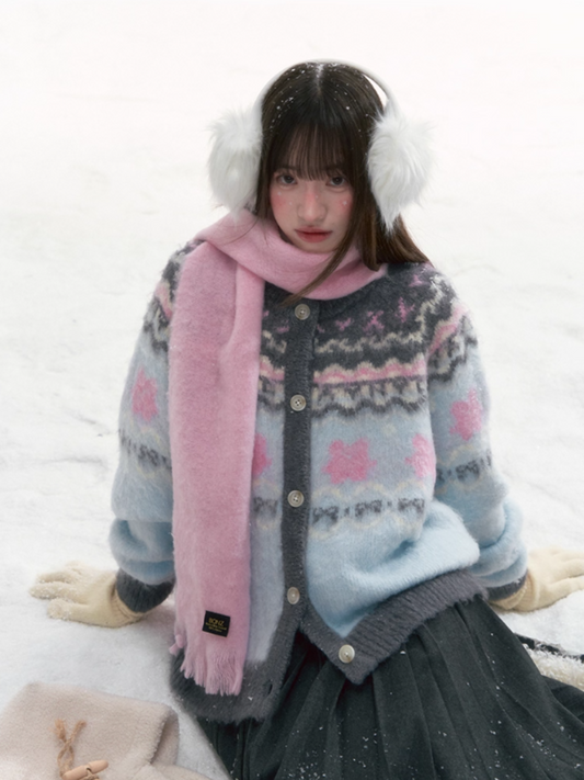 '甜梦蓝岛' Fair Isle Light Blue Knit Cardigan