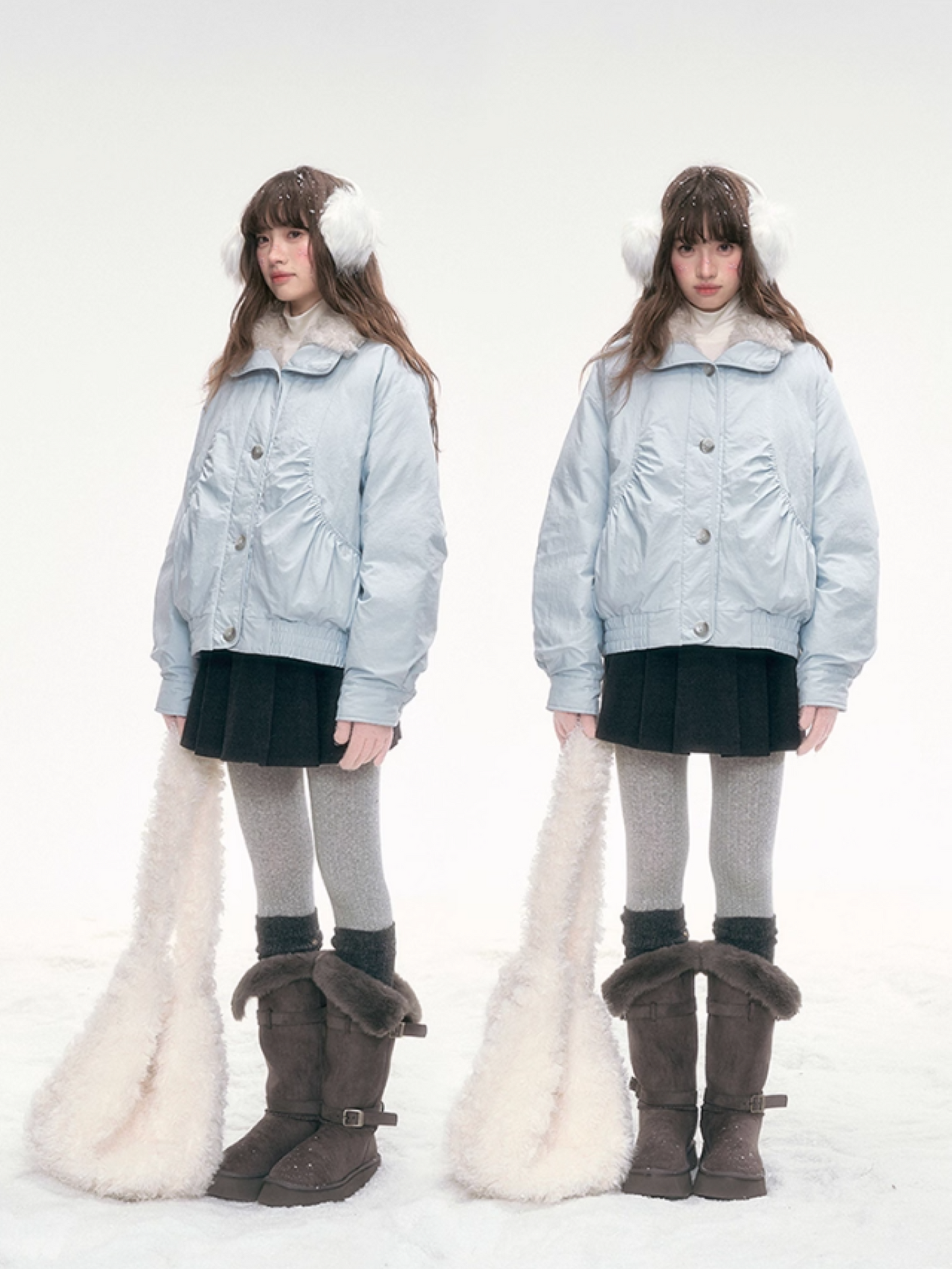"Soft Mist Cove" Contrast Collar Down Jacket – Sky Blue & Light Gray LL2025308