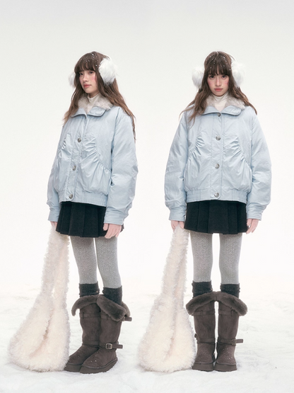 "Soft Mist Cove" Contrast Collar Down Jacket – Sky Blue & Light Gray LL2025308