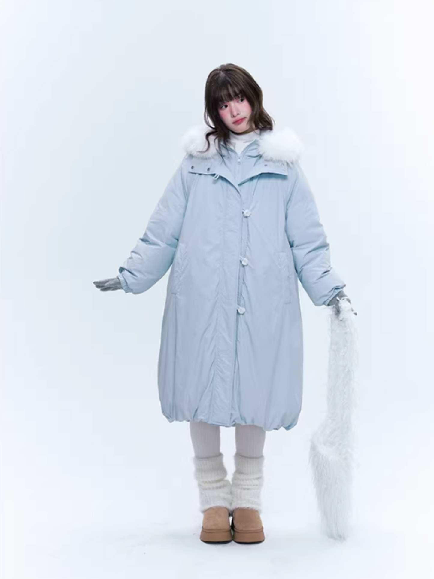 CREAMO2奶油氧气 - Milk Mist Blue Faux-Layered Mid-Length Down Puffer Coat