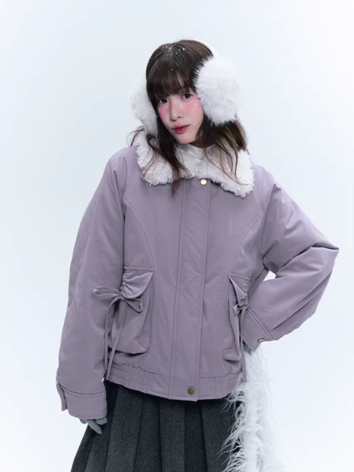 CREAMO2奶油氧气 - Taro Gray-Purple Detachable Shearling-Collar Retro Padded Jacket