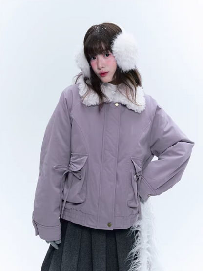 CREAMO2奶油氧气 - Taro Gray-Purple Detachable Shearling-Collar Retro Padded Jacket