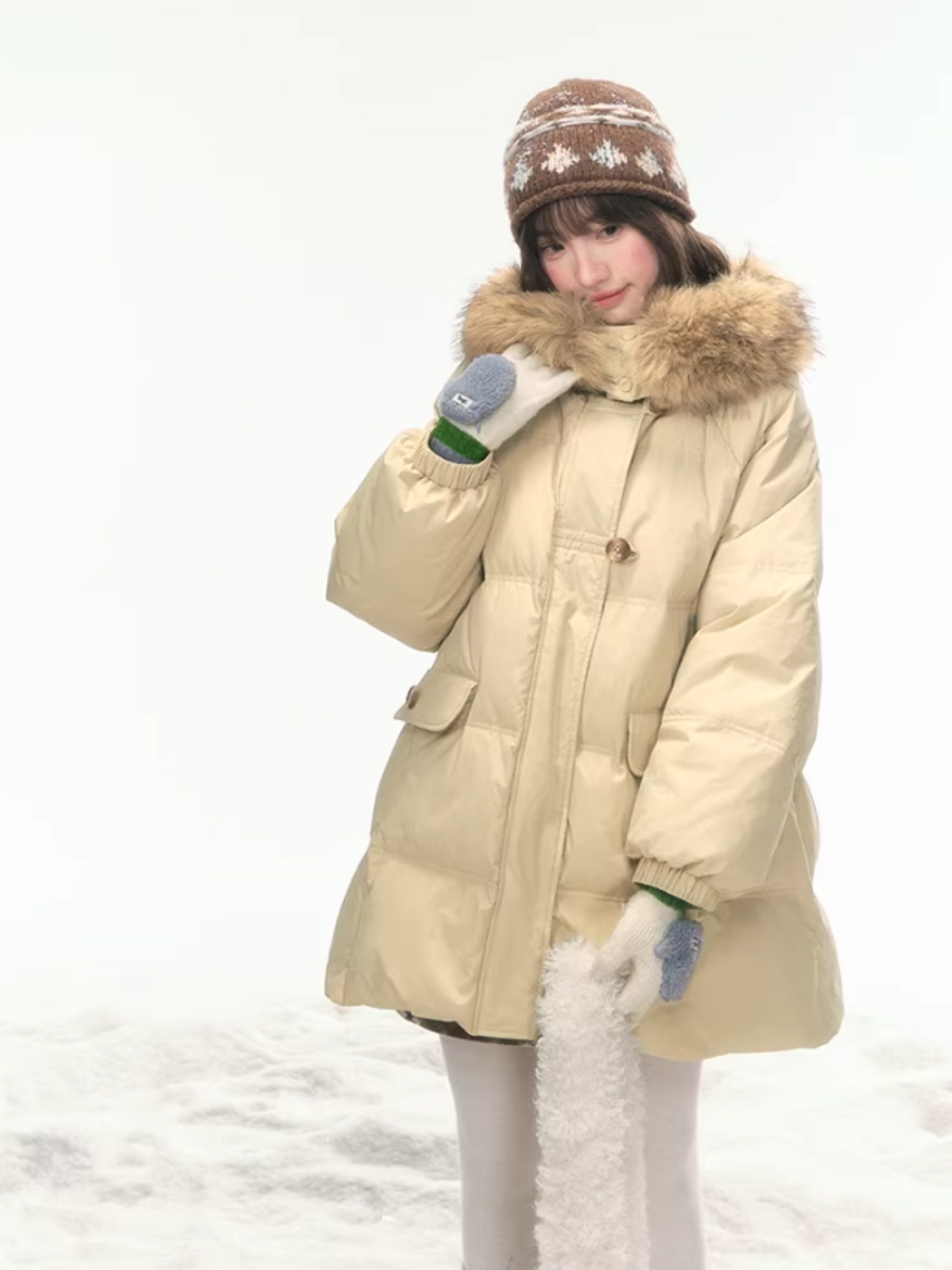 "First Snowfall" Khaki Mid-Length Down Jacket LL2025473