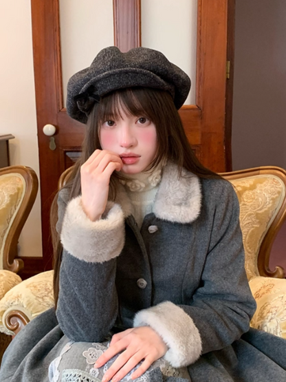“Moscow Haze" Rose-Button Wool Coat – Cinched Waist Elegance
