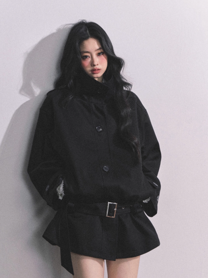 少也眼 Sydney Holiday French Hepburn Style Trench Coat (Black)