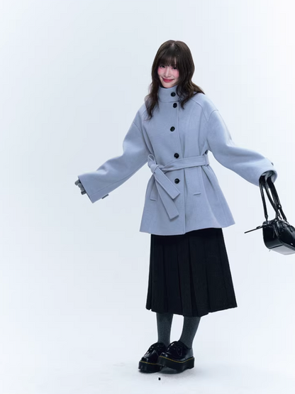 CREAMO2奶油氧气 - Soft Mist Blue Vintage Academy Wool-Blend Midi Coat