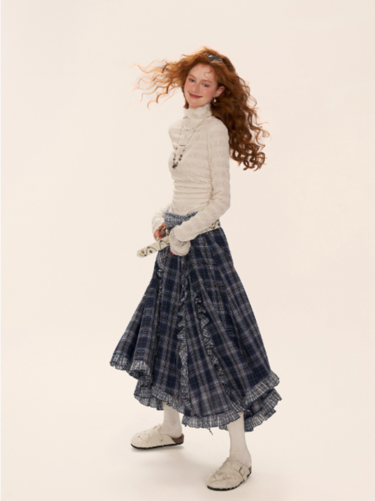 Asymmetrical Plaid Maxi Skirt with Ruffle Hem WE814 (Blue)