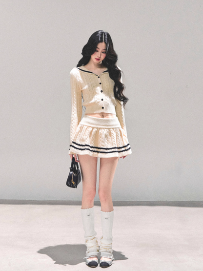 "晚风的低语" French Knit Co-ord Set – Beige Top & Mini Skirt