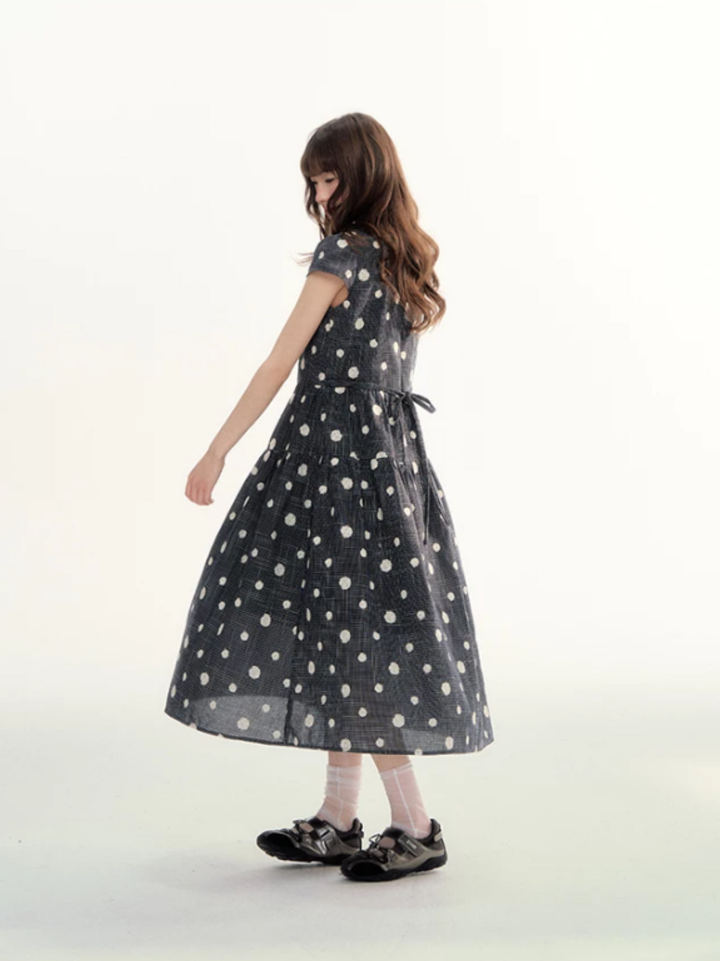 Navy Polka Dot Plaid Tie-Waist A-Line Dress LL2026095