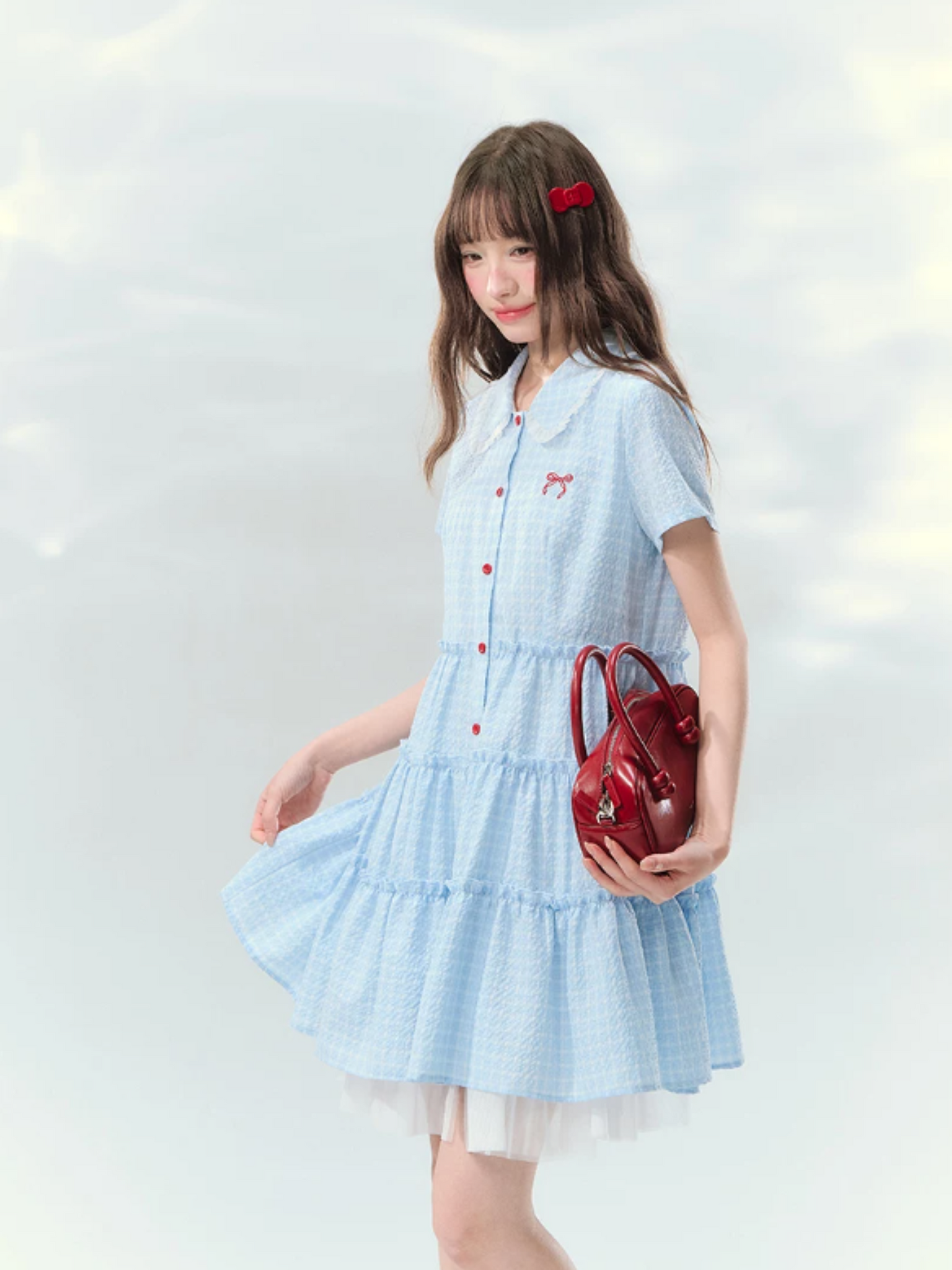 “Weaving Red Melody” Blue Plaid Tiered Ribbon Dress SJ2026125