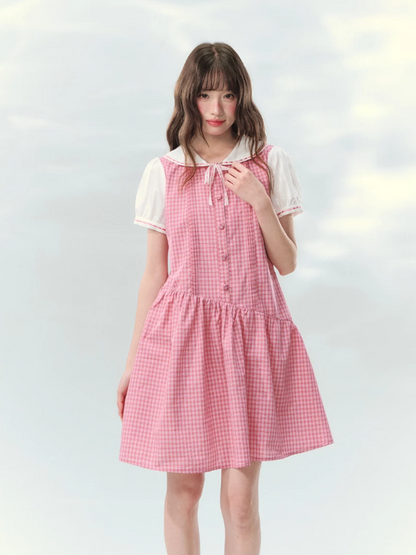 “Peach Plaid Academy” Pink Plaid Peter Pan Dress LL2026152