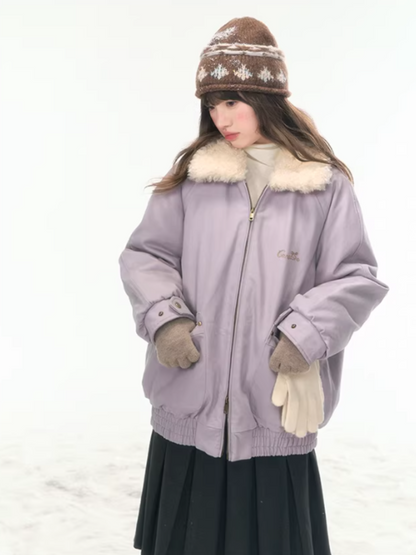 "Misty Lilac" Contrast Fur Collar Utility Down Jacket LL2025457