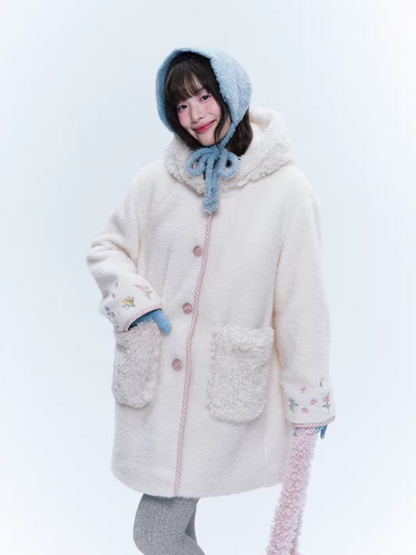 CREAMO2奶油氧气 - Soft Ivory Embroidered Teddy Wool-Style Midi Coat