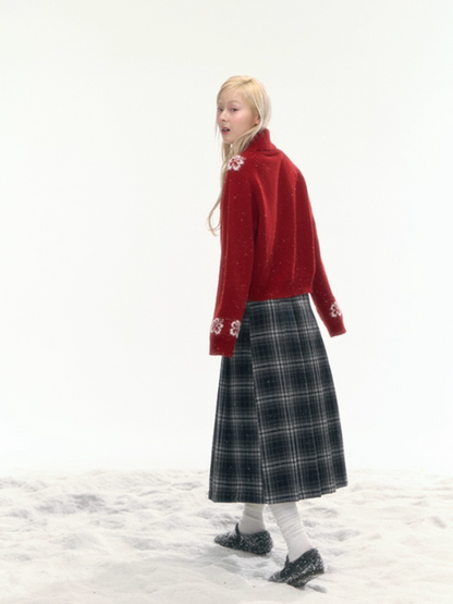 "Off-Season Garden" Red Jacquard Wool Turtleneck Knit Top LL2025304