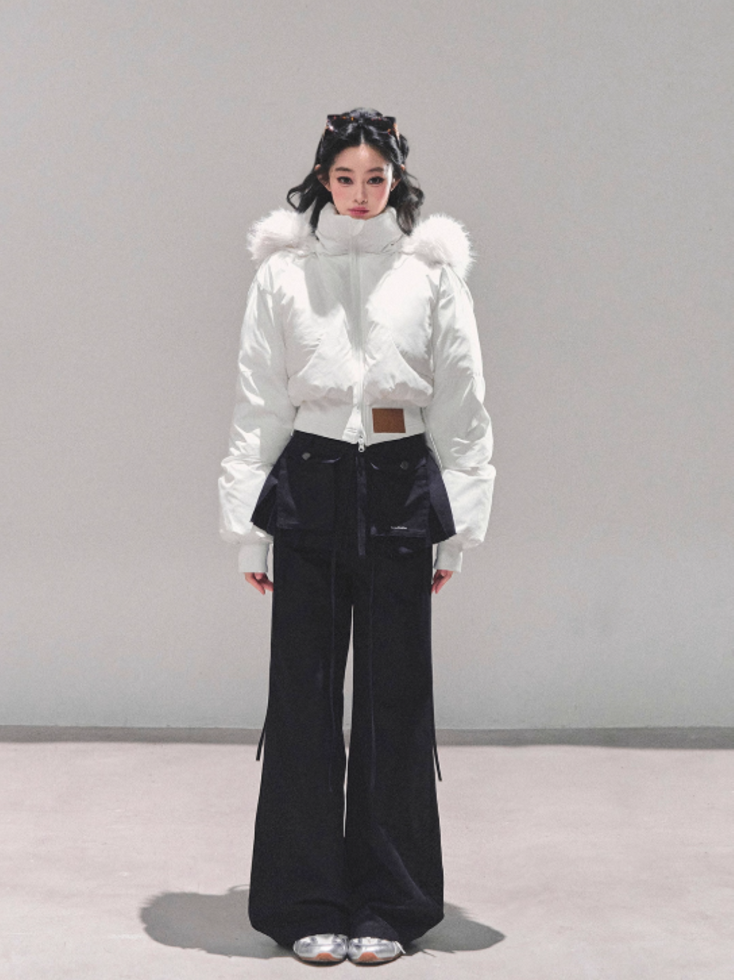 少也眼 Korean Preppy Short Puffer Jacket - White