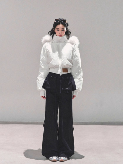 少也眼 Korean Preppy Short Puffer Jacket - White