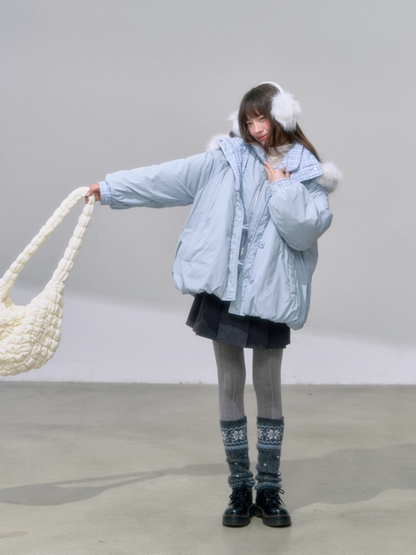 "雪境叠影" Faux Two-Piece Blue Down Jacket with 90% Duck Down & Fur Hood