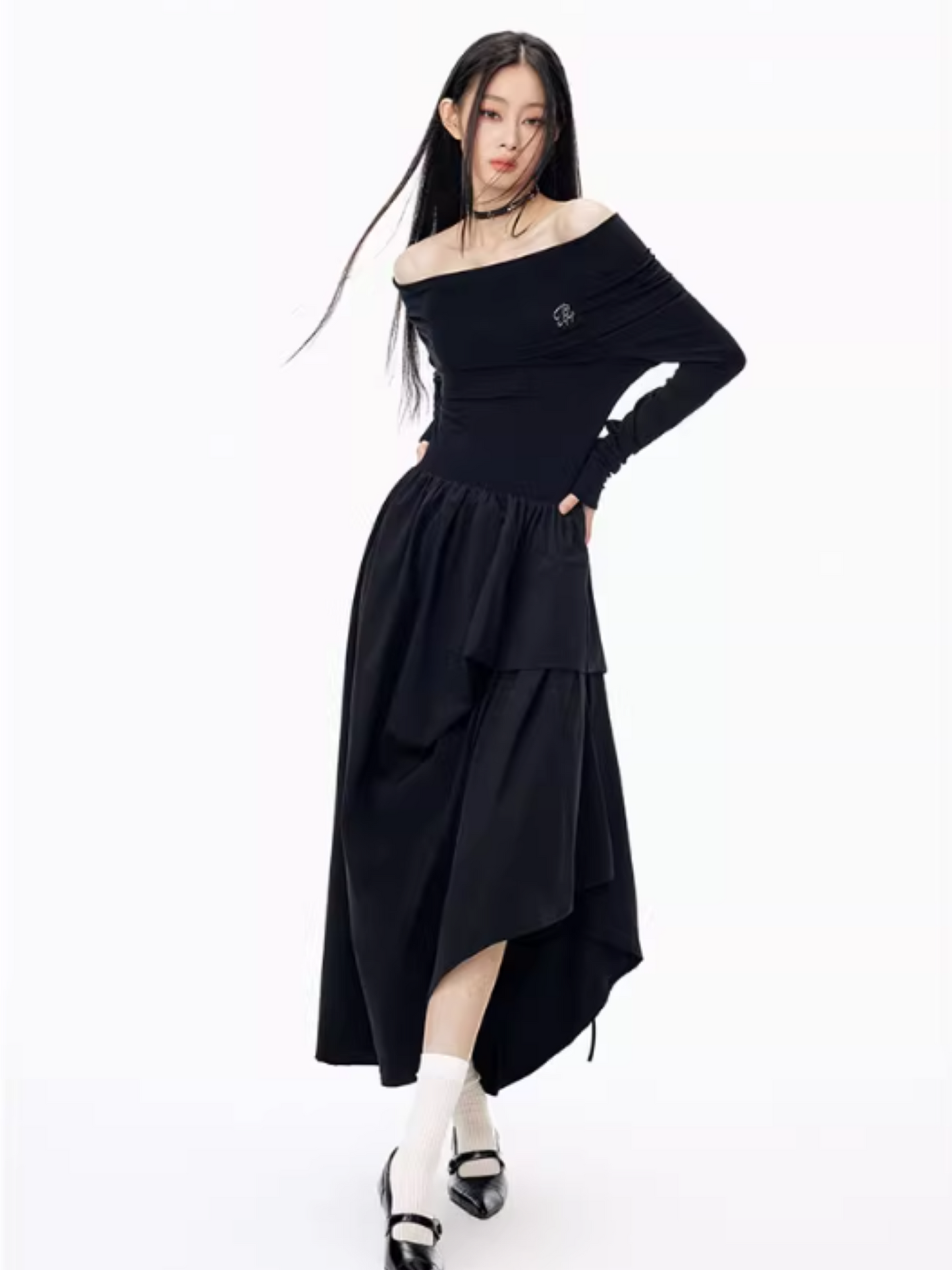 PCH - Hepburn Style Off-Shoulder Long Dress (Black)