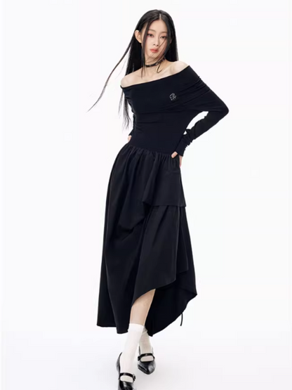 PCH - Hepburn Style Off-Shoulder Long Dress (Black)