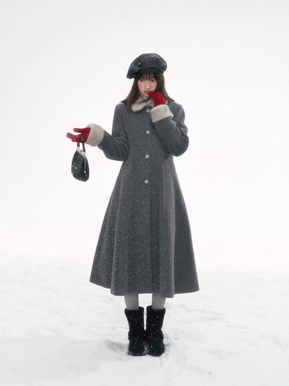 “Moscow Haze" Rose-Button Wool Coat – Cinched Waist Elegance