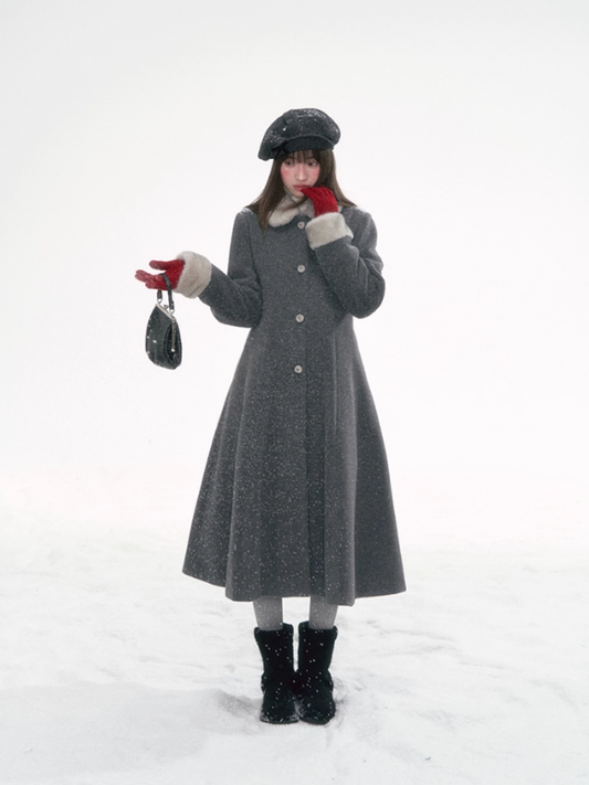 “Moscow Haze" Rose-Button Wool Coat – Cinched Waist Elegance