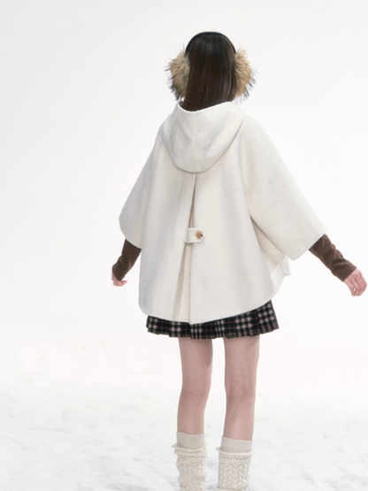 '漫游者' White Wool-Blend Hooded Cape Coat