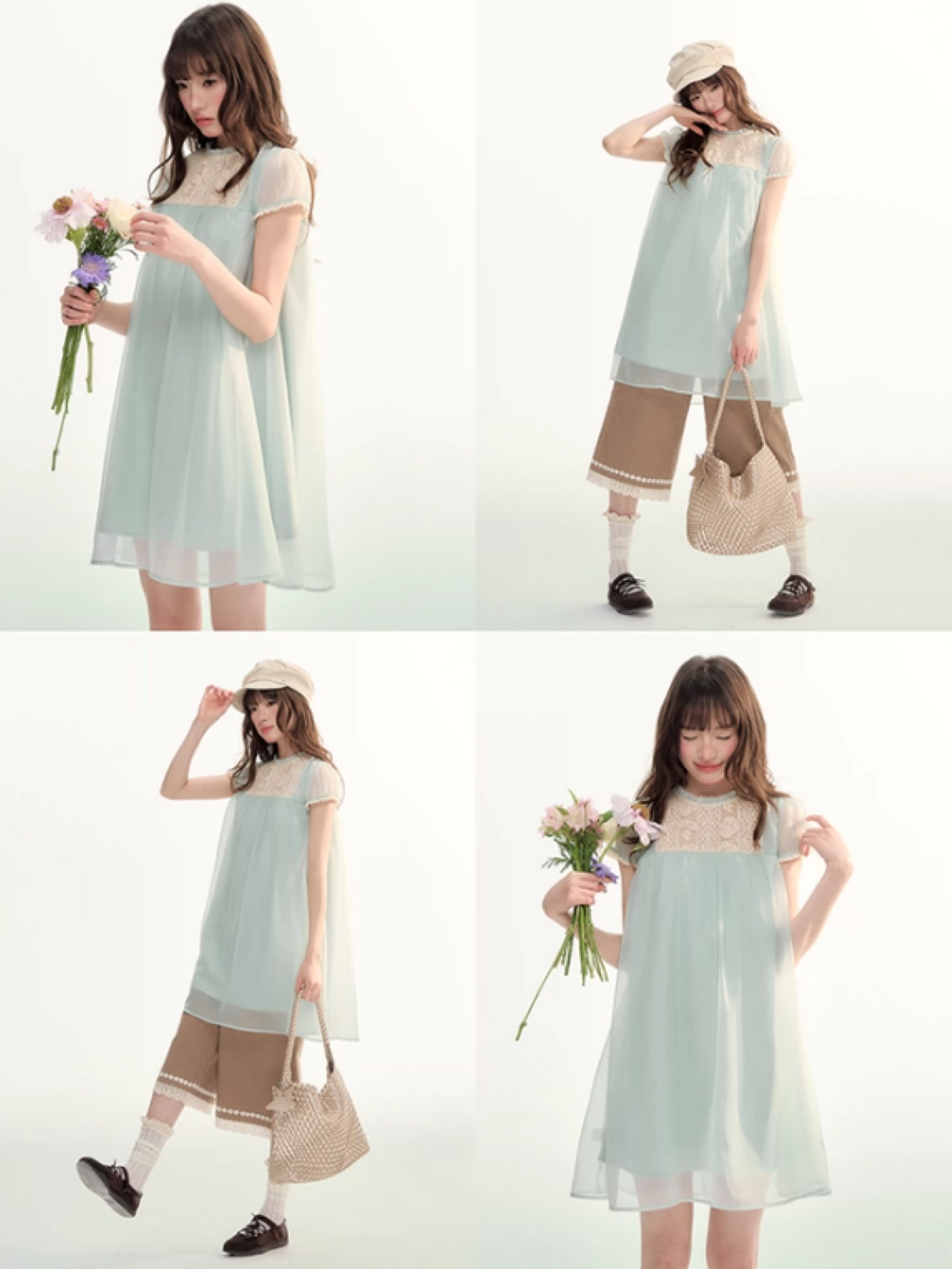 Sheer Lace Trim Puff Sleeve Babydoll Dress LL2026103