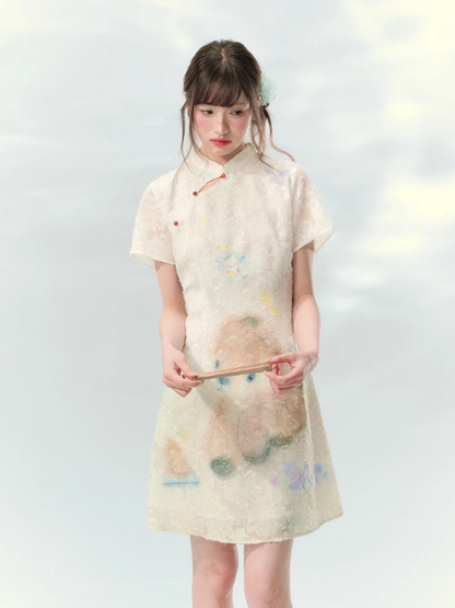 “Velvet Deer Whisper” Ivory Deer Print Cheongsam Dress LL2026174