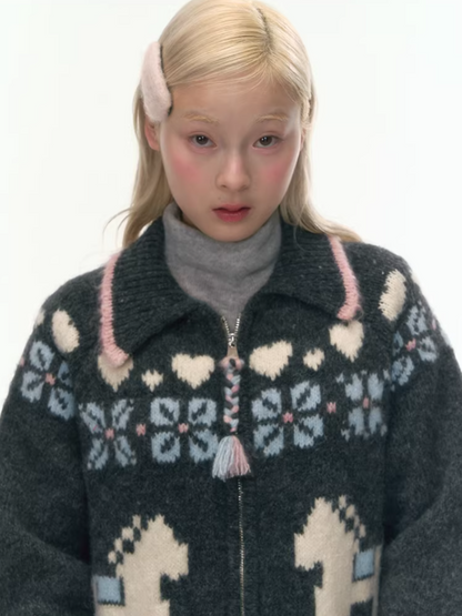 "Nordic Fairytale" Charcoal Pony Zip-Up Knit Cardigan WW2025449